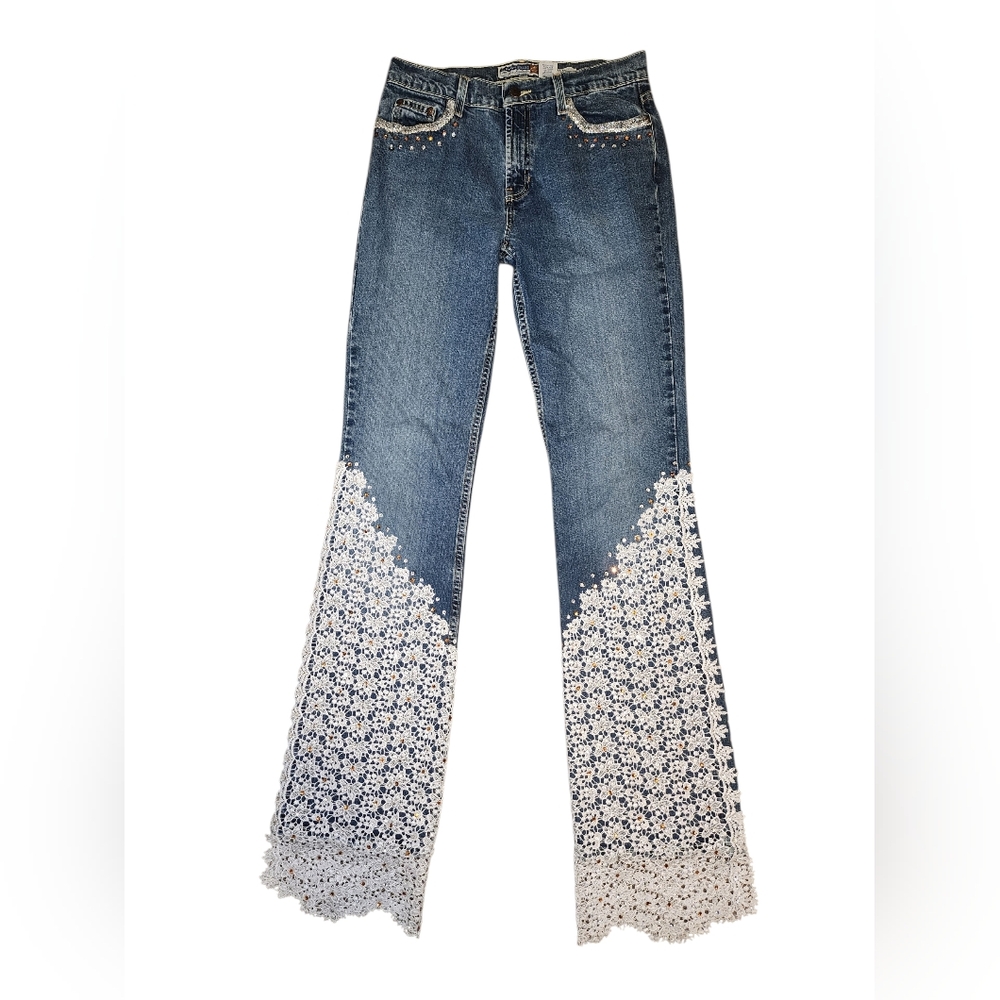 ​VTG Old Navy Y2K Lace Flare Jeans Bedazzled Idaho Star Size 8 Long Custom
